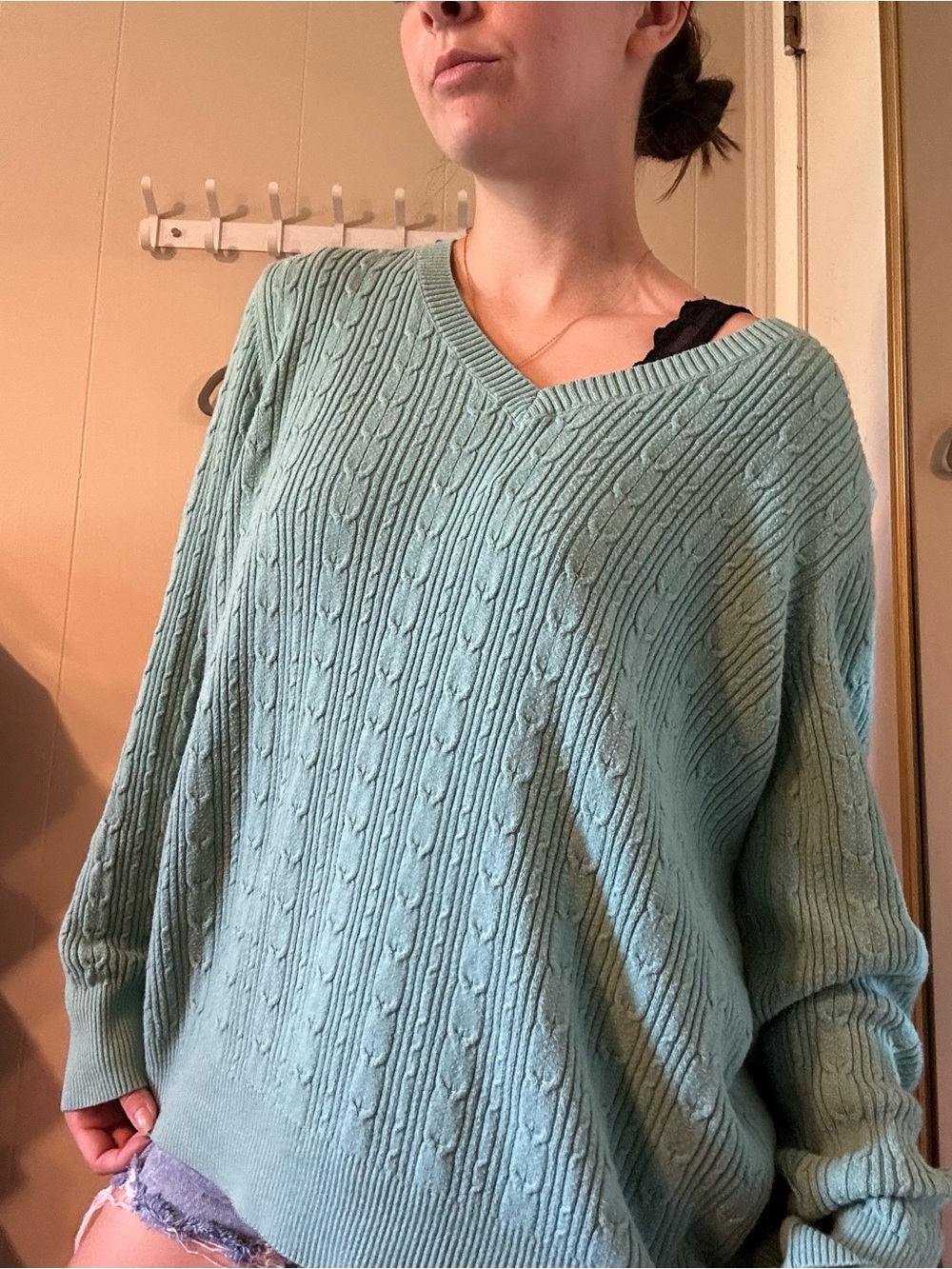 Sonoma Light Teal Cable Knit V-Neck Sweater